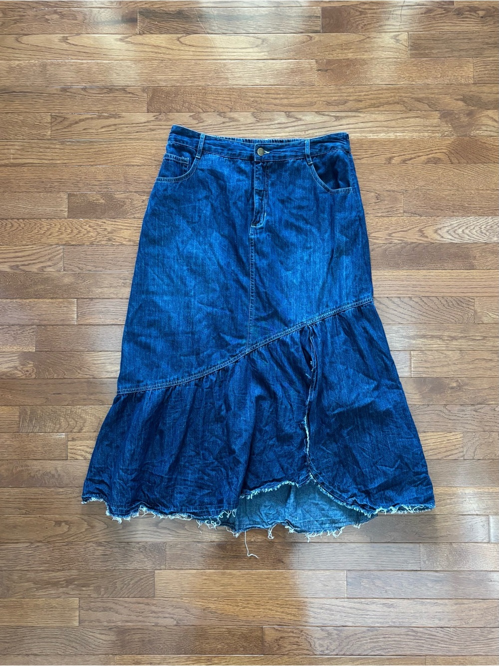 Y2K Asymmetrical Raw Hem Blue Denim Midi Skirt
